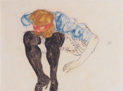 Blonde, vorgebeugt mit schwarzen Strümpfen von Egon Schiele